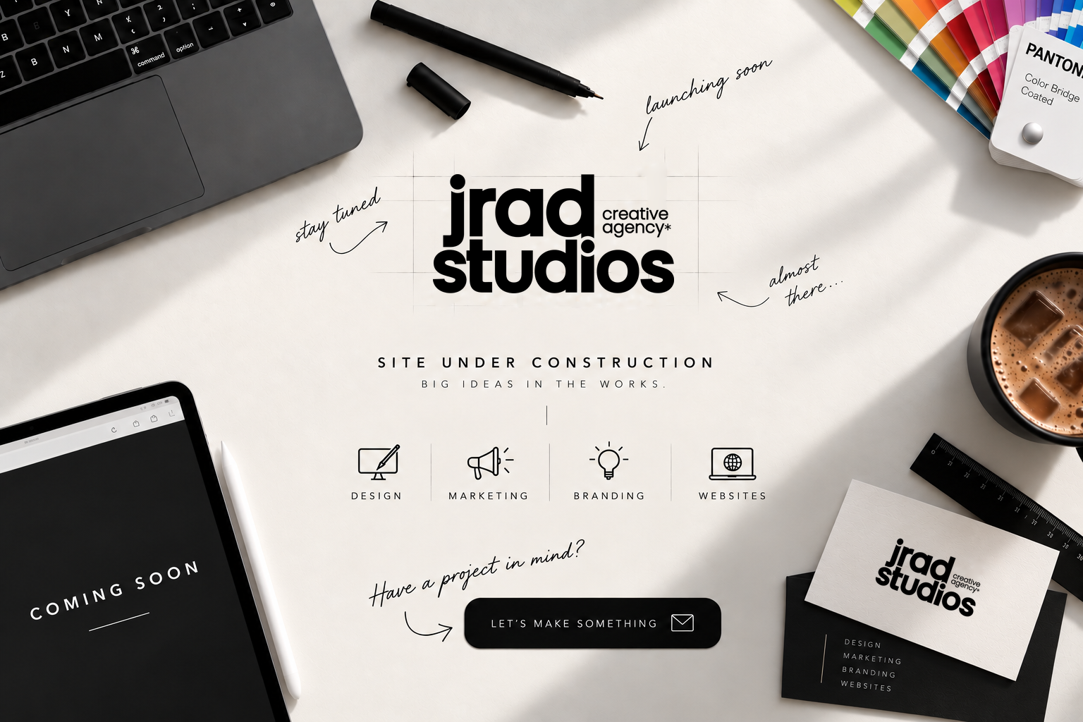 JRAD Studios creative agency. Launching soon. Site under construction — big ideas in the works. Design, marketing, branding, websites. Have a project in mind?